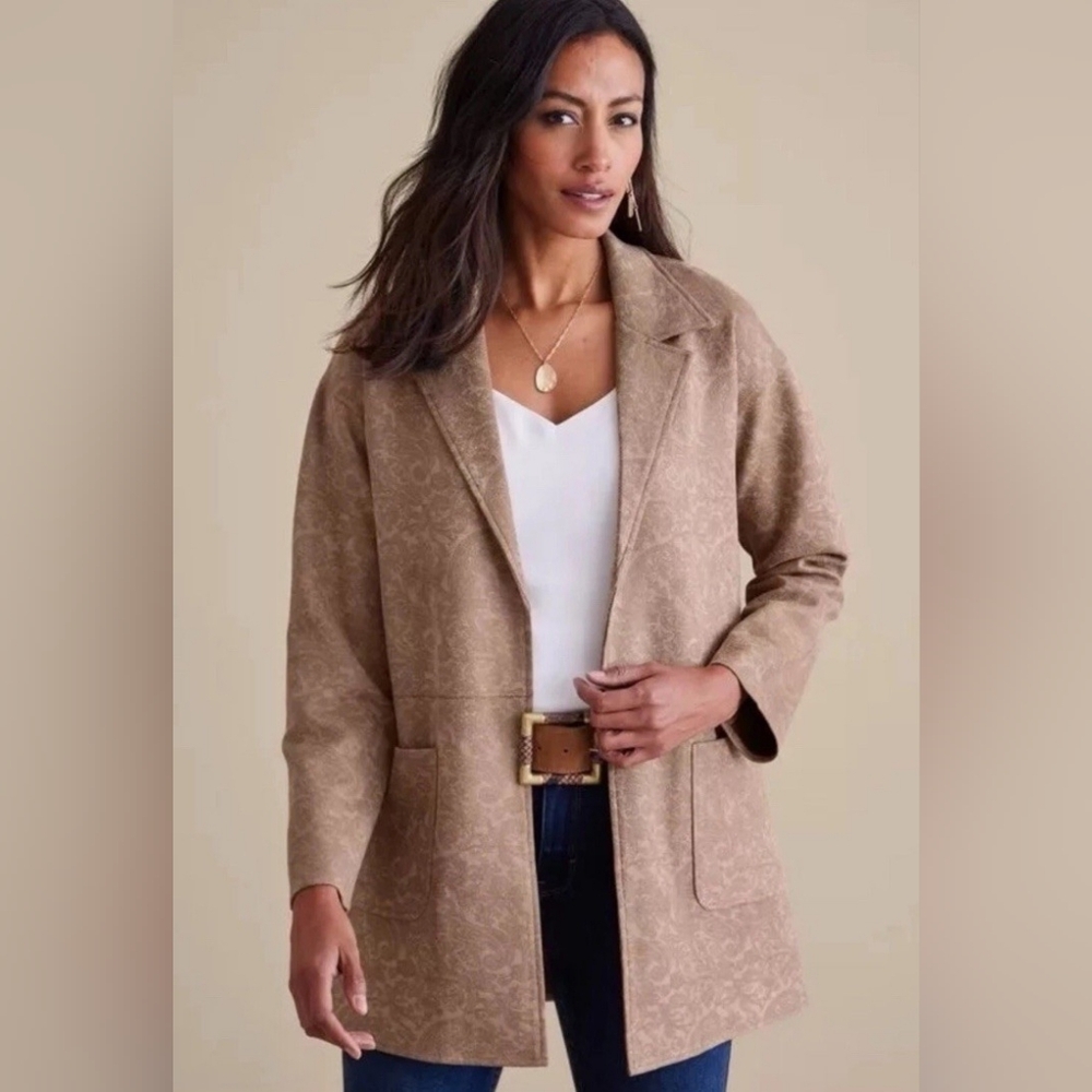 BN Soft Surroundings Malika Driftwood Paisley faux suede open front jacket